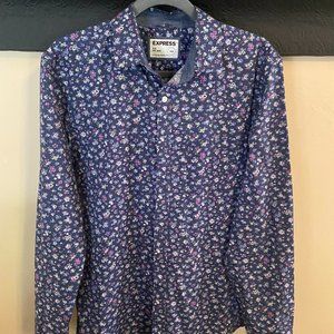 Mens button up Long sleeve shirt Express Blue Floral Slim Fit Size Medium